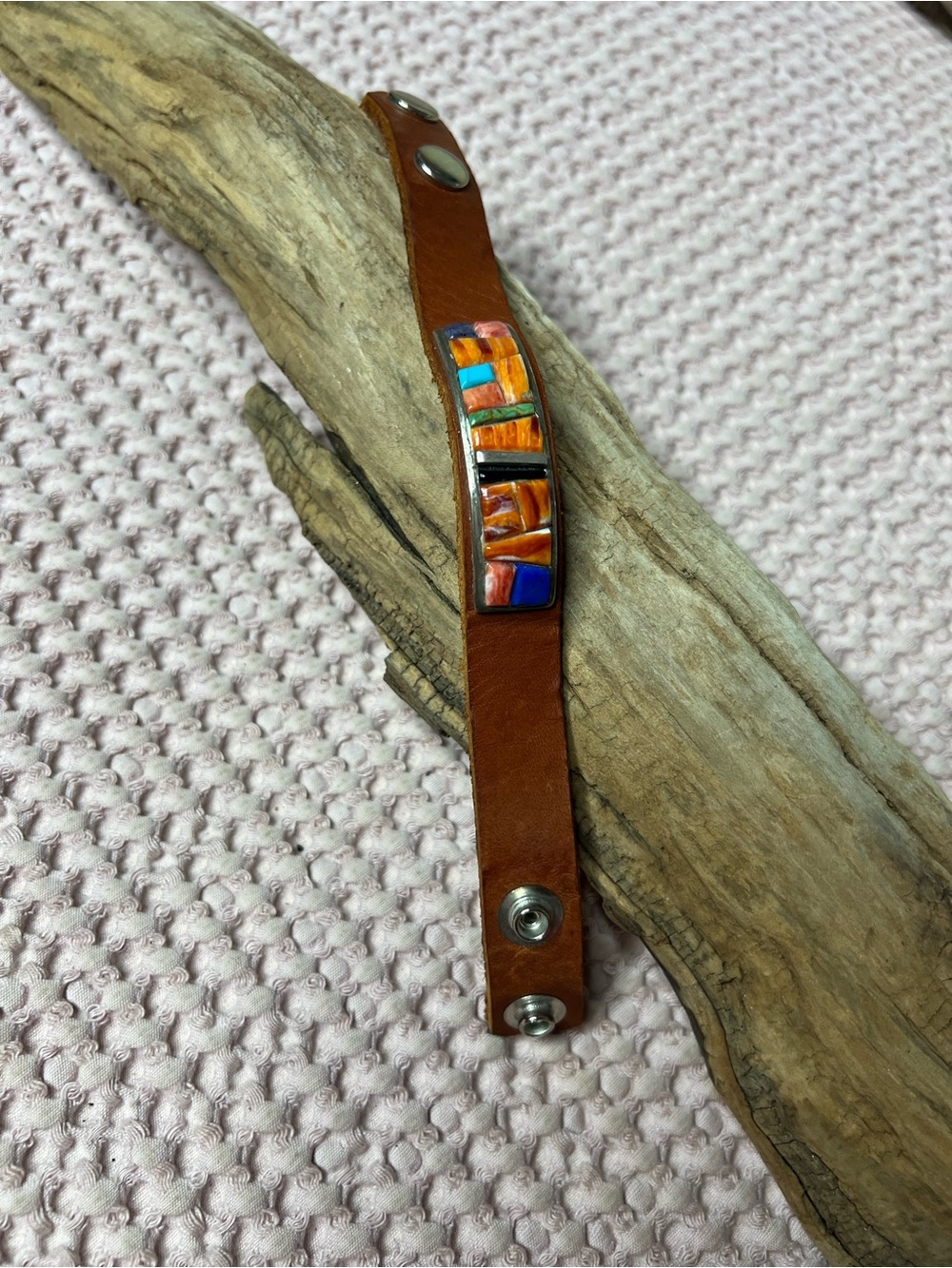 Edison Yazzie Navajo Multistone Sterling Leather Bracelet